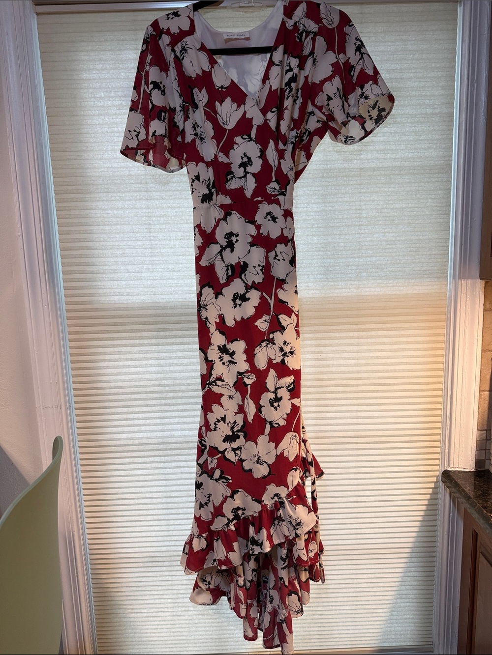 Honey Punch Red and Black Floral Wrap Maxi Dress with Ruffle Hem